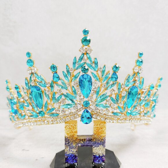 bridal headpiece, ocean blue crystal, princess tiara, gold tiara, fairy crown main image 8